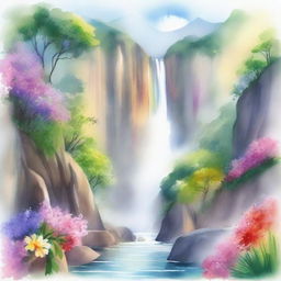 A beautiful watercolour painting of a majestic waterfall cascading down a rocky cliff surrounded by lush greenery and vibrant flowers