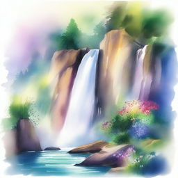 A serene watercolour painting of a waterfall cascading down a rocky cliff