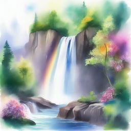 A serene watercolour painting of a waterfall cascading down a rocky cliff