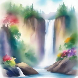 A serene watercolour painting of a waterfall cascading down a rocky cliff