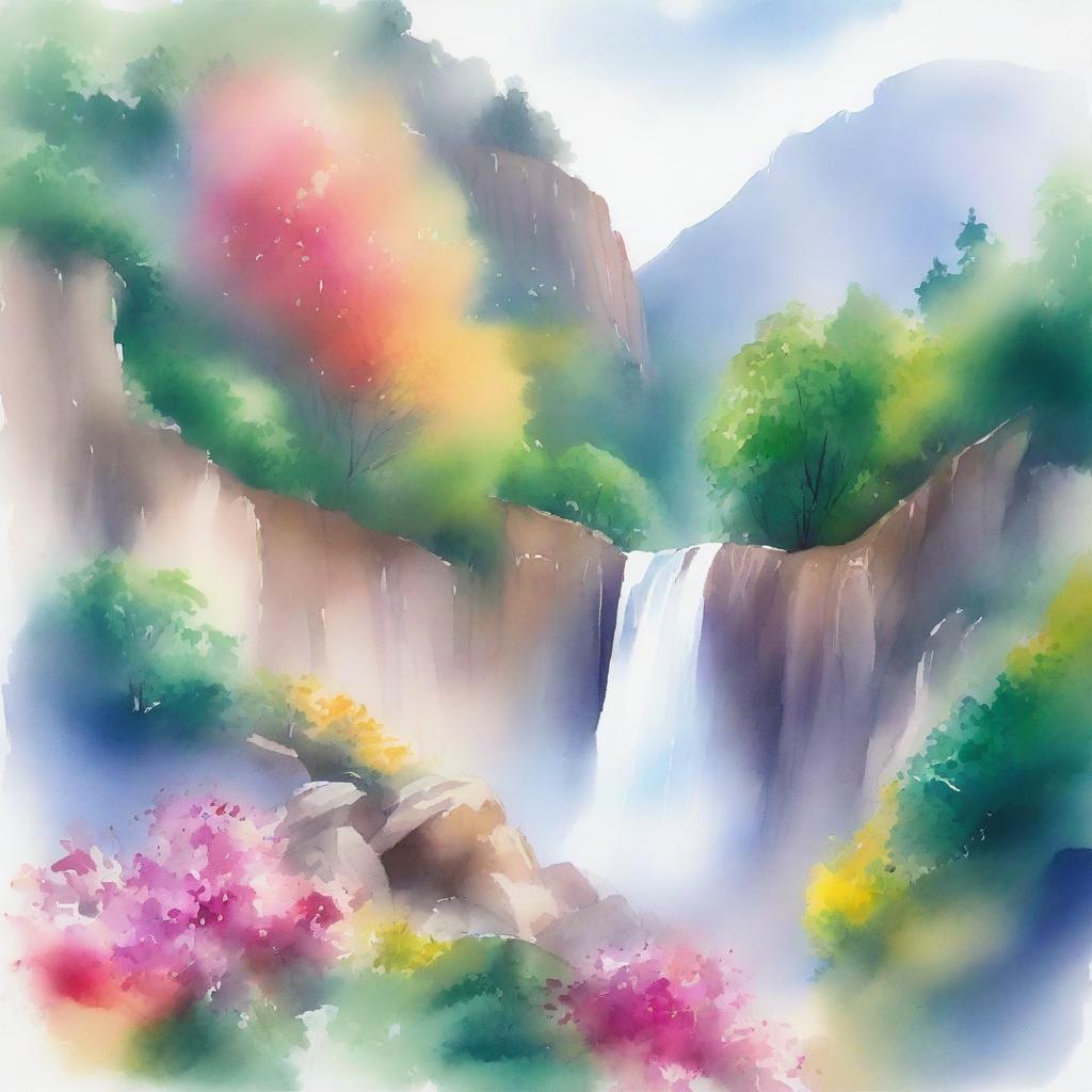 A serene watercolour painting of a waterfall cascading down a rocky cliff