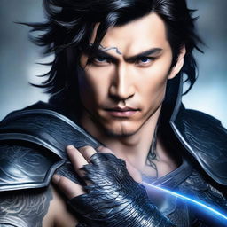 A man wearing black leather armor, with black hair reaching his shoulders, blue piercing eyes, and a handsome Asian face