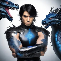 A man wearing black leather armor, with black hair reaching his shoulders, blue piercing eyes, and a handsome Asian face