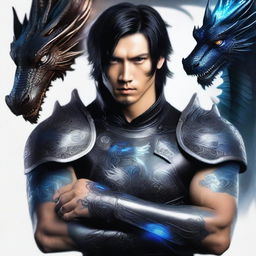 A man wearing black leather armor, with black hair reaching his shoulders, blue piercing eyes, and a handsome Asian face