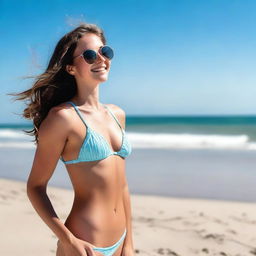 A girl wearing a bikini standing on a sunny beach with clear blue skies and gentle waves in the background