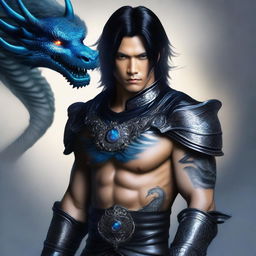 A man wearing black leather armor, with black hair reaching his shoulders and piercing blue eyes