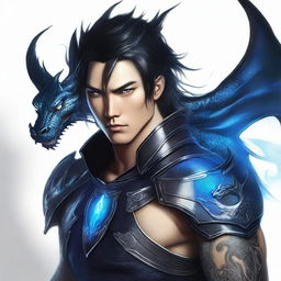 A man wearing black leather armor, with black hair reaching his shoulders and piercing blue eyes