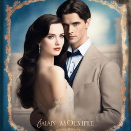 A book cover featuring a woman with dark hair and blue eyes standing with her back to a taller man with brown eyes