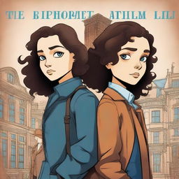 In a book cover illustration style: Two detectives standing back to back, a girl with dark hair and blue eyes facing away from a boy with curly hair and brown eyes who is taller than her