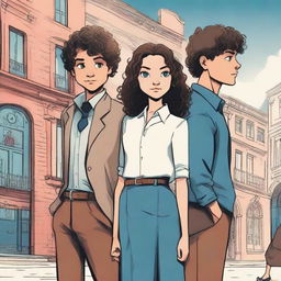 In a book cover illustration style: Two detectives standing back to back, a girl with dark hair and blue eyes facing away from a boy with curly hair and brown eyes who is taller than her