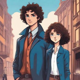 In a book cover illustration style: Two detectives standing back to back, a girl with dark hair and blue eyes facing away from a boy with curly hair and brown eyes who is taller than her