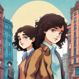 In a book cover illustration style: Two detectives standing back to back, a girl with dark hair and blue eyes facing away from a boy with curly hair and brown eyes who is taller than her