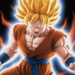 Goku from Dragon Ball Z in his Super Saiyan form, powering up with a fiery aura and a firm, determined expression