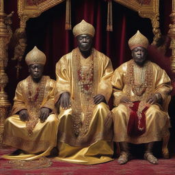 A family dressed in traditional begging attire but in a lavish, exaggerated manner