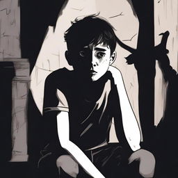 A young boy sitting in a dark room, looking depressed