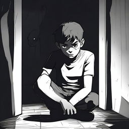 A young boy sitting in a dark room, looking depressed