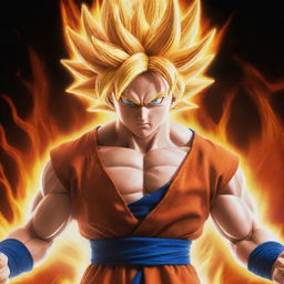 Goku from Dragon Ball Z in his Super Saiyan form, powering up with a fiery aura and a firm, determined expression