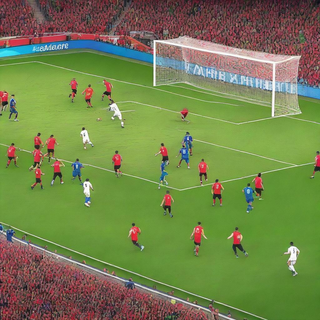 A lively scene of a football match during the Euro 2024 tournament, featuring Italy and Albania teams playing on a vibrant green field in a large stadium filled with cheering fans