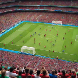 A lively scene of a football match during the Euro 2024 tournament, featuring Italy and Albania teams playing on a vibrant green field in a large stadium filled with cheering fans