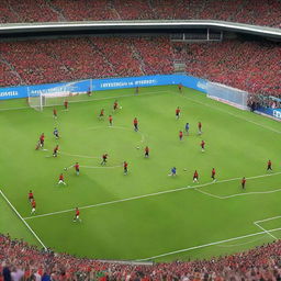 A lively scene of a football match during the Euro 2024 tournament, featuring Italy and Albania teams playing on a vibrant green field in a large stadium filled with cheering fans