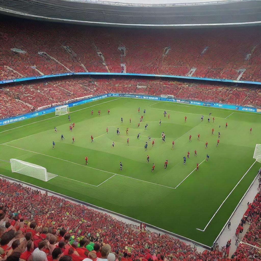 A lively scene of a football match during the Euro 2024 tournament, featuring Italy and Albania teams playing on a vibrant green field in a large stadium filled with cheering fans