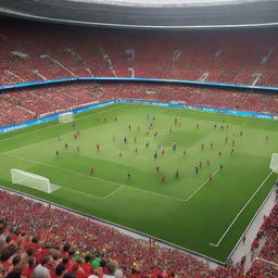 A lively scene of a football match during the Euro 2024 tournament, featuring Italy and Albania teams playing on a vibrant green field in a large stadium filled with cheering fans