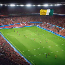 An exciting scene from the UEFA Euro 2024 tournament, showcasing a thrilling football match in a large stadium filled with enthusiastic fans