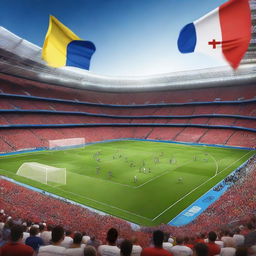 An exciting scene from the UEFA Euro 2024 tournament, showcasing a thrilling football match in a large stadium filled with enthusiastic fans