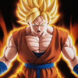 Goku from Dragon Ball Z in his Super Saiyan form, powering up with a fiery aura and a firm, determined expression