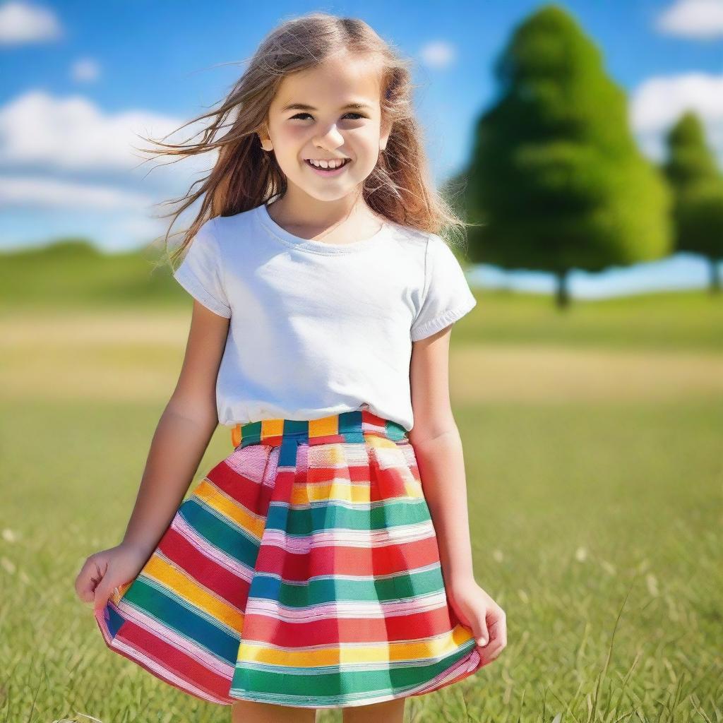 A young girl wearing a colorful skirt, standing in a cheerful environment with a bright smile on her face