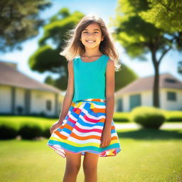 A young girl wearing a colorful skirt, standing in a cheerful environment with a bright smile on her face