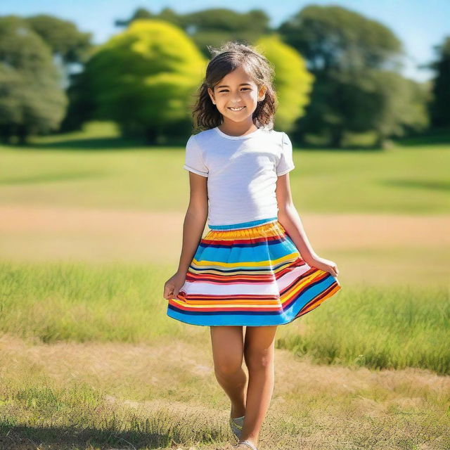 A young girl wearing a colorful skirt, standing in a cheerful environment with a bright smile on her face