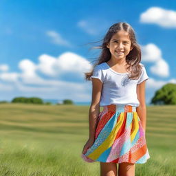 A young girl wearing a colorful skirt, standing in a cheerful environment with a bright smile on her face