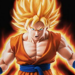 Goku from Dragon Ball Z in his Super Saiyan form, powering up with a fiery aura and a firm, determined expression