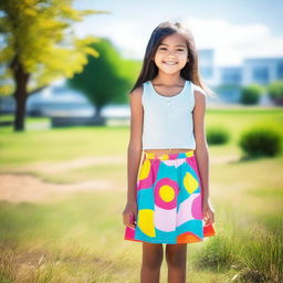 A young girl wearing a colorful skirt, standing in a cheerful environment with a bright smile on her face