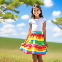 A young girl wearing a colorful skirt, standing in a cheerful environment with a bright smile on her face