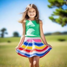 A young girl wearing a colorful skirt, standing in a cheerful environment with a bright smile on her face