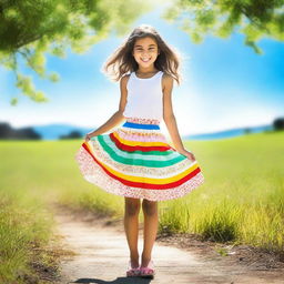 A young girl wearing a colorful skirt, standing in a cheerful environment with a bright smile on her face