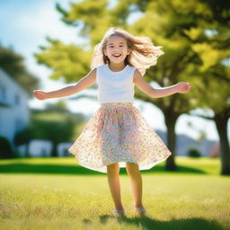 A young girl playfully uplifting her skirt in a lighthearted and innocent manner, standing in a cheerful environment with a bright smile on her face