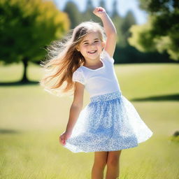 A young girl playfully uplifting her skirt in a lighthearted and innocent manner, standing in a cheerful environment with a bright smile on her face