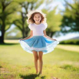 A young girl playfully uplifting her skirt in a lighthearted and innocent manner, standing in a cheerful environment with a bright smile on her face