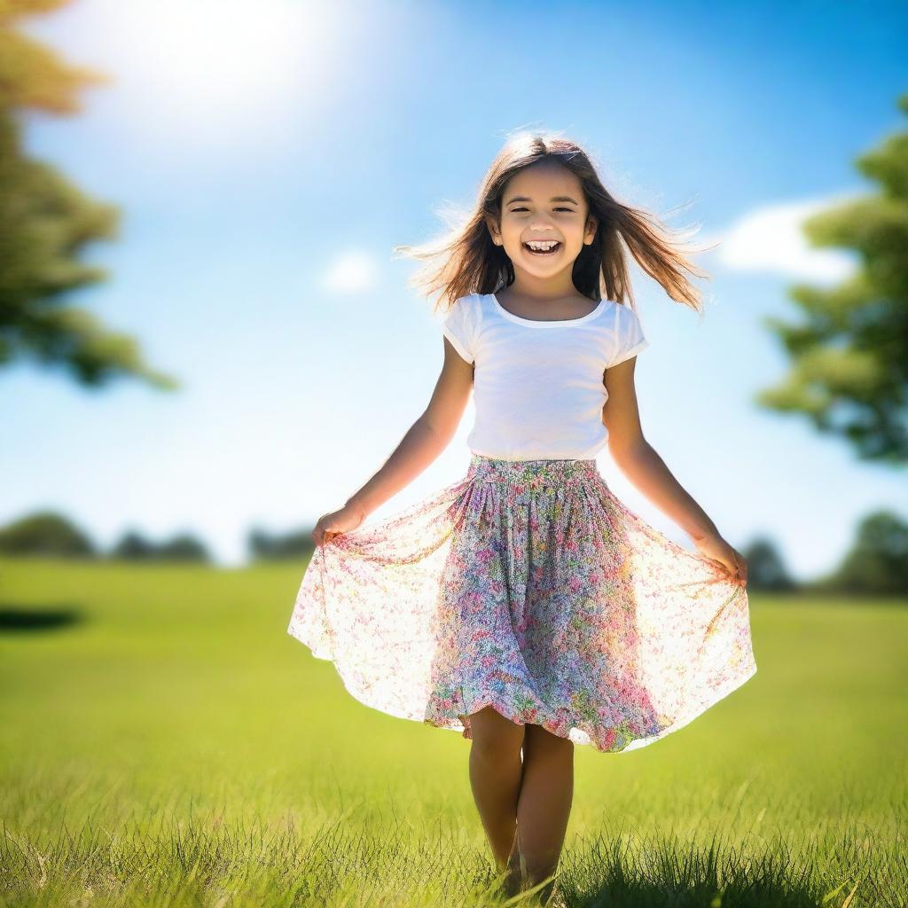 A young girl playfully uplifting her skirt in a lighthearted and innocent manner, standing in a cheerful environment with a bright smile on her face