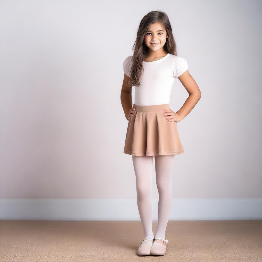 A young girl wearing pantyhose, standing in a casual pose with a friendly smile