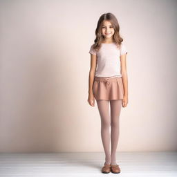 A young girl wearing pantyhose, standing in a casual pose with a friendly smile