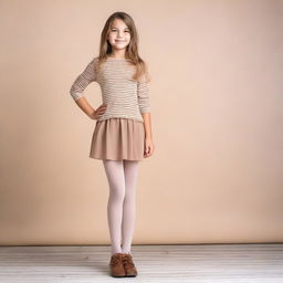 A young girl wearing pantyhose, standing in a casual pose with a friendly smile