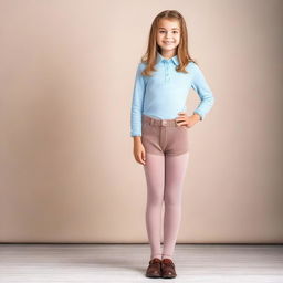 A young girl wearing pantyhose, standing in a casual pose with a friendly smile