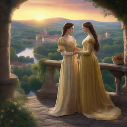 A beautiful scene depicting a sapphic couple in a medieval kingdom