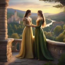 A beautiful scene depicting a sapphic couple in a medieval kingdom