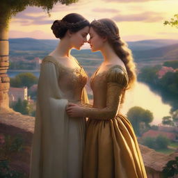 A beautiful scene depicting a sapphic couple in a medieval kingdom