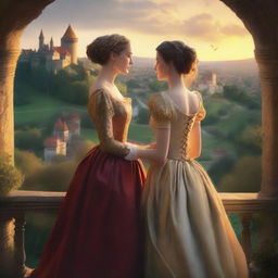 A beautiful scene depicting a sapphic couple in a medieval kingdom